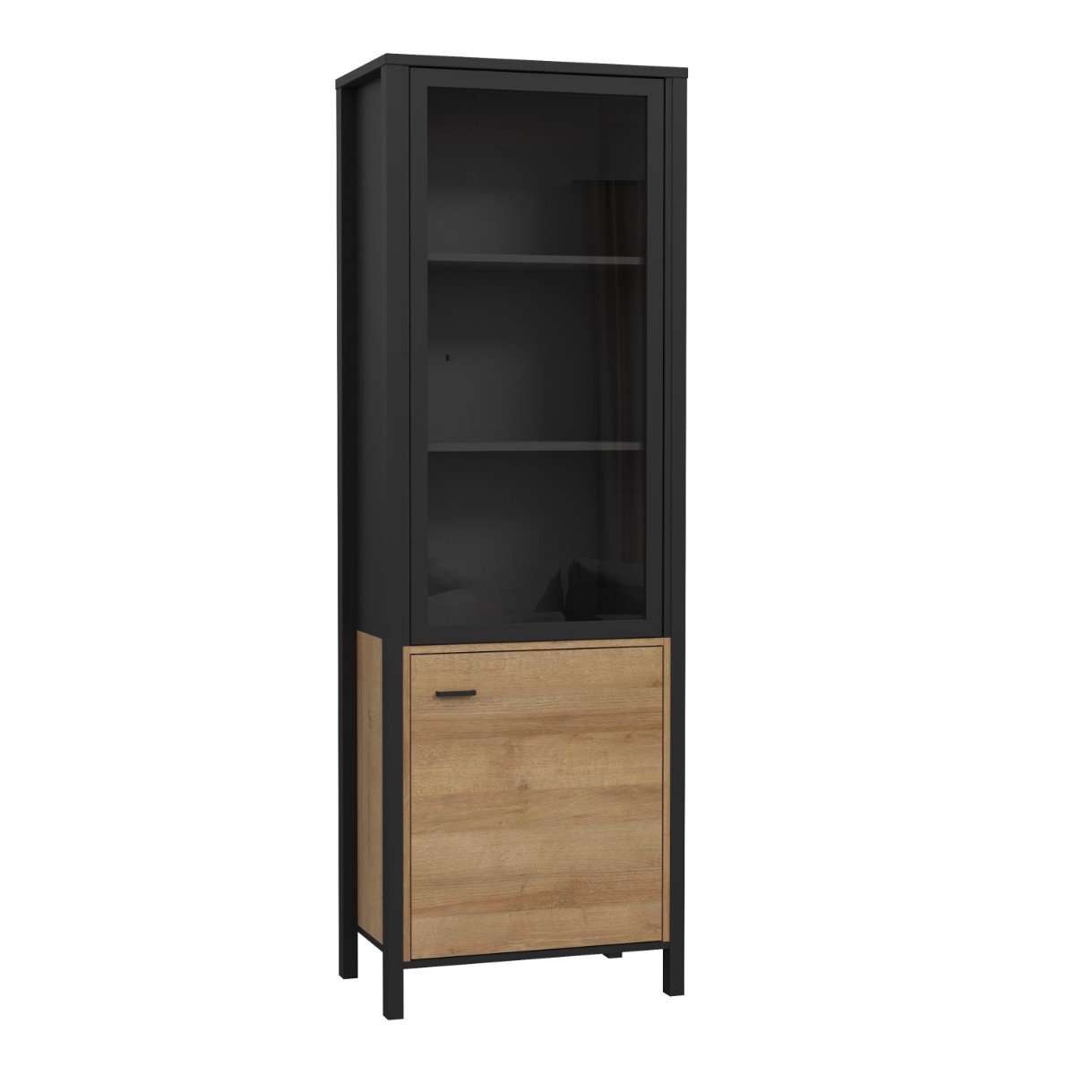 Broxtowe Matt Black Metal Frame Wide Display Cabinet with 2 Doors and Shelves - Riviera Oak - Rosalind Collection