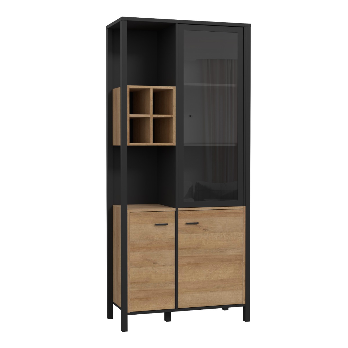 Broxtowe Matt Black Metal Frame 2 Glass Door Display Cabinet 4 Cube Open Storage - Riviera Oak - Rosalind Collection