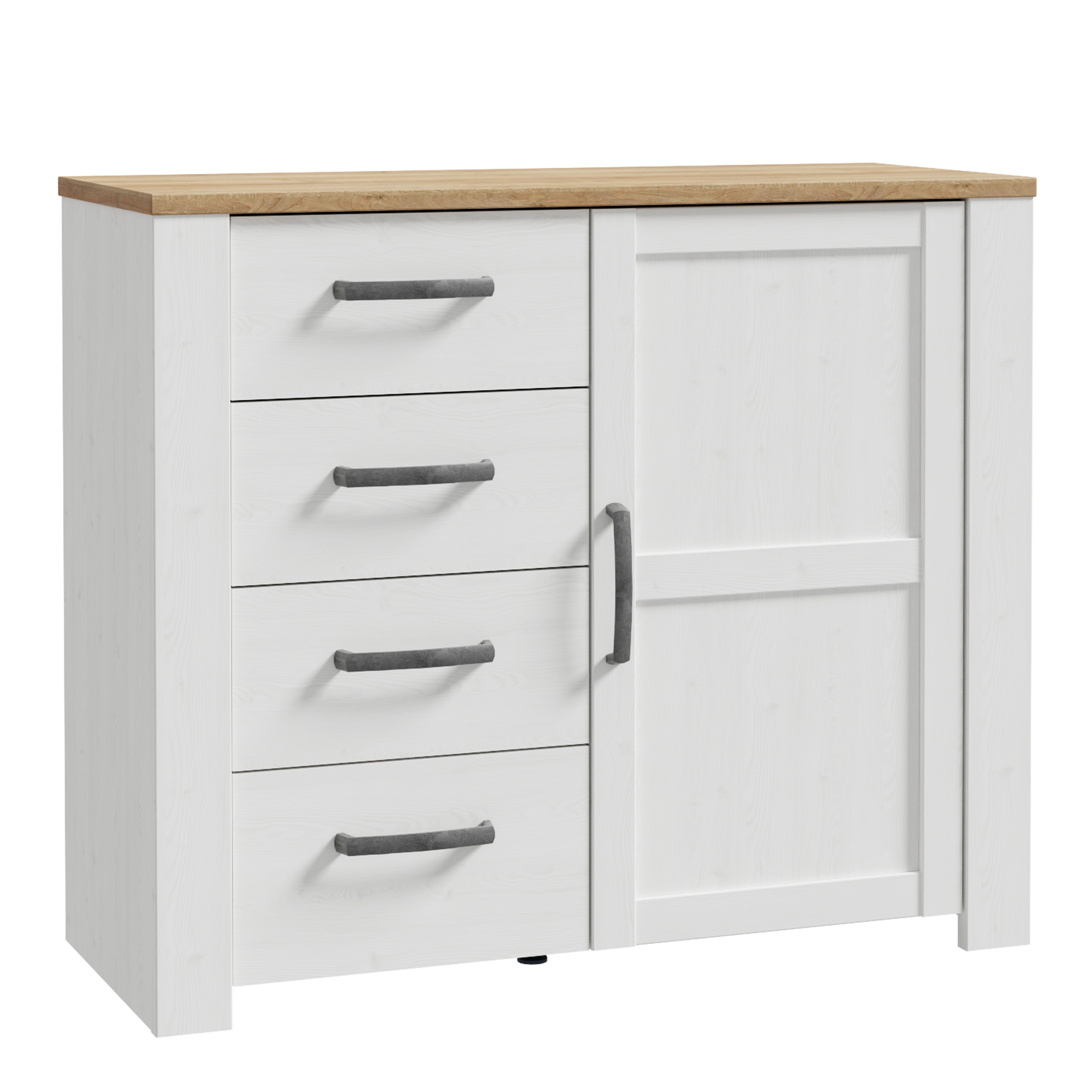 BUENOS 1 Door Sideboard with 4 Drawers - White with Oak Top - Rosalind Collection