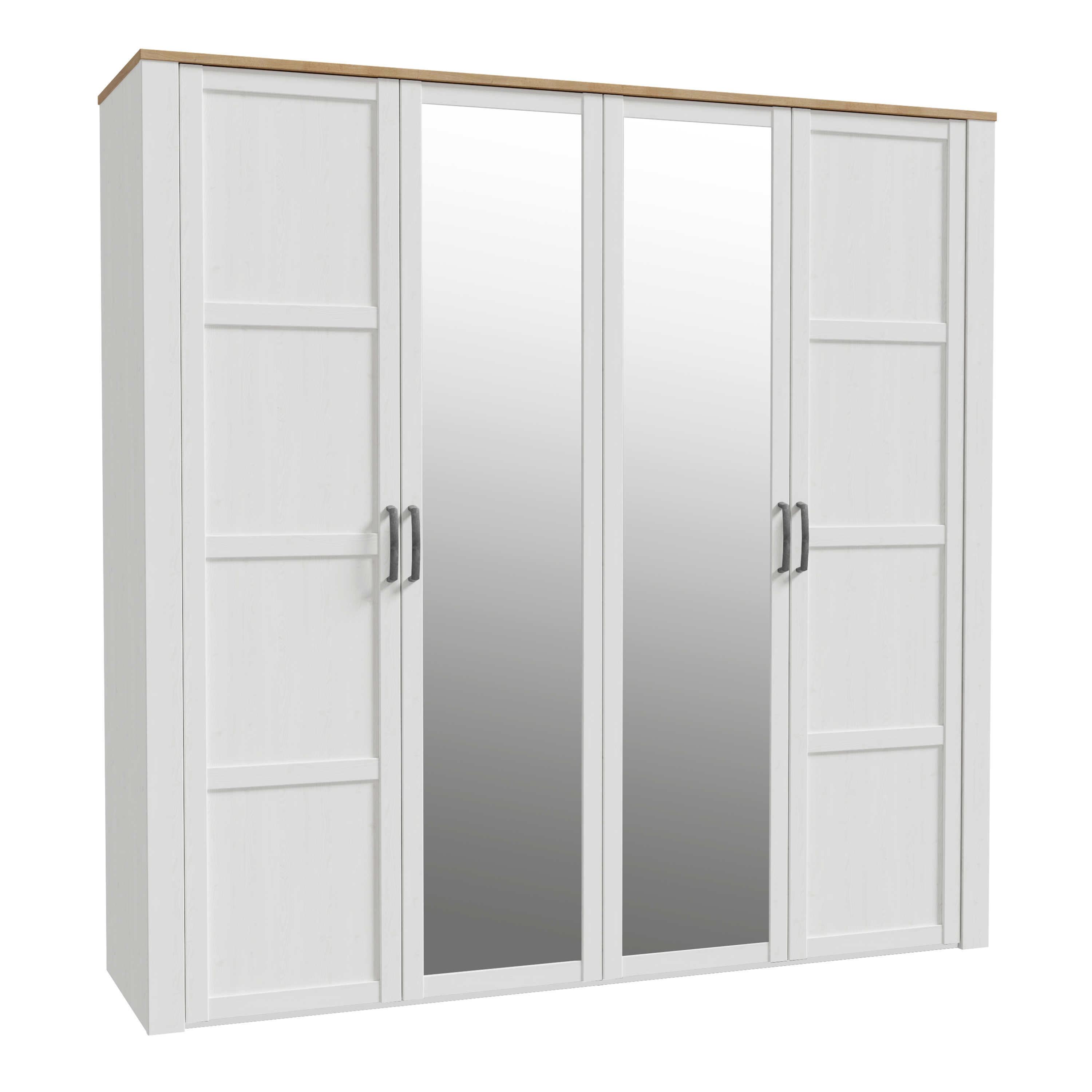 Wardrobe - BUENOS 4 Doors Mirrored Wardrobe Riviera Oak and White 216cm - Rosalind Collection