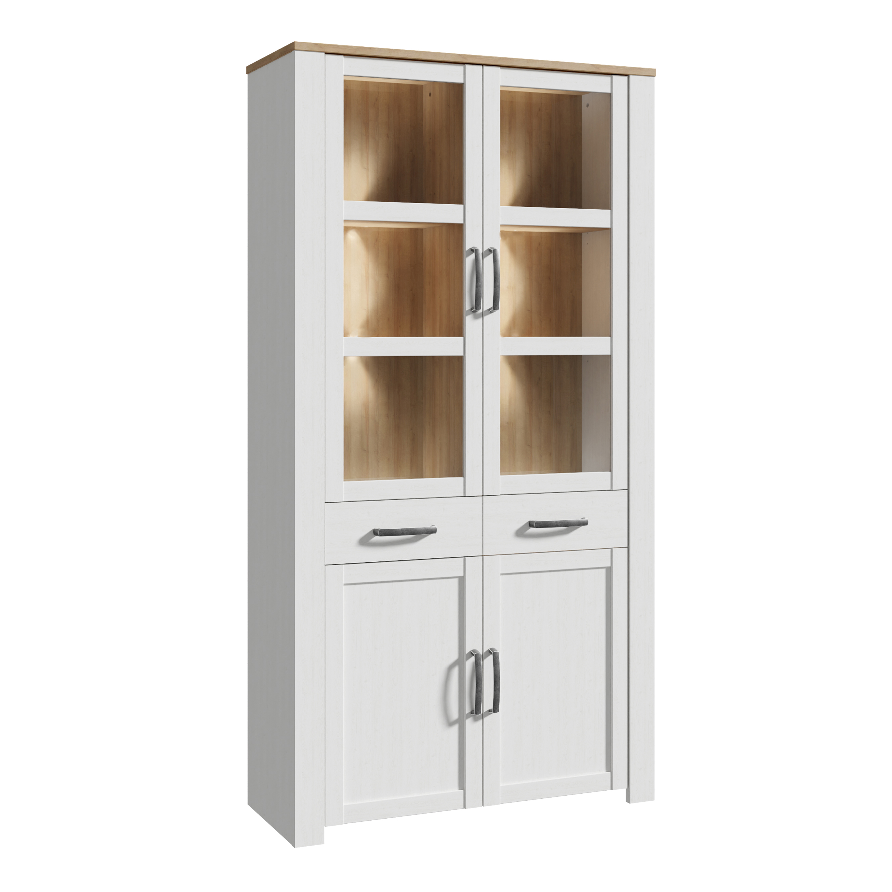 BUENOS Display Cabinet 4 Door 1 Drawer in Oak/White inc LED Lighting - Rosalind Collection