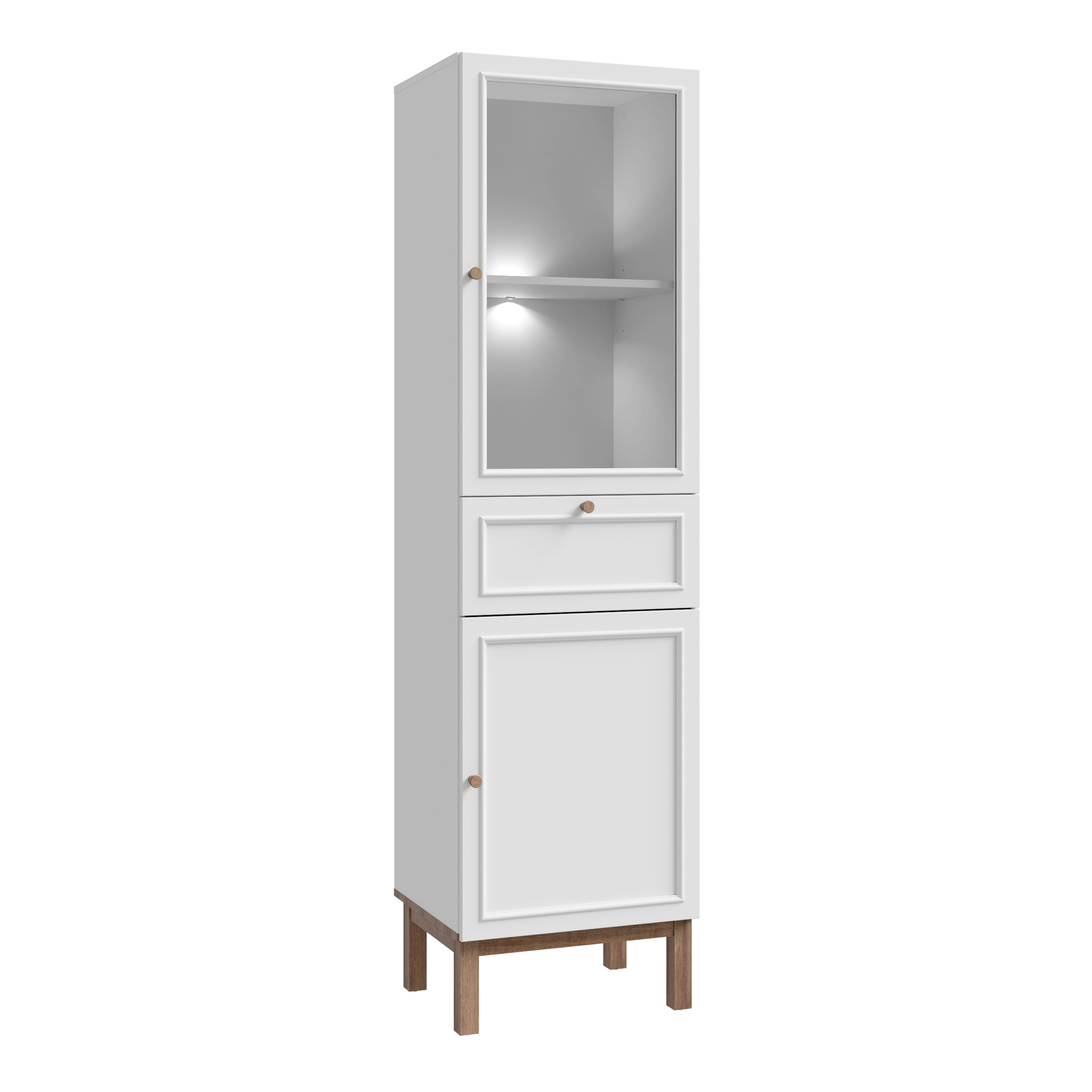 WOFUS Display Cabinet with 1 Door 1 Drawer and 1 Glass Door in Light Grey and Oak inc LED Lighting - Rosalind Collection