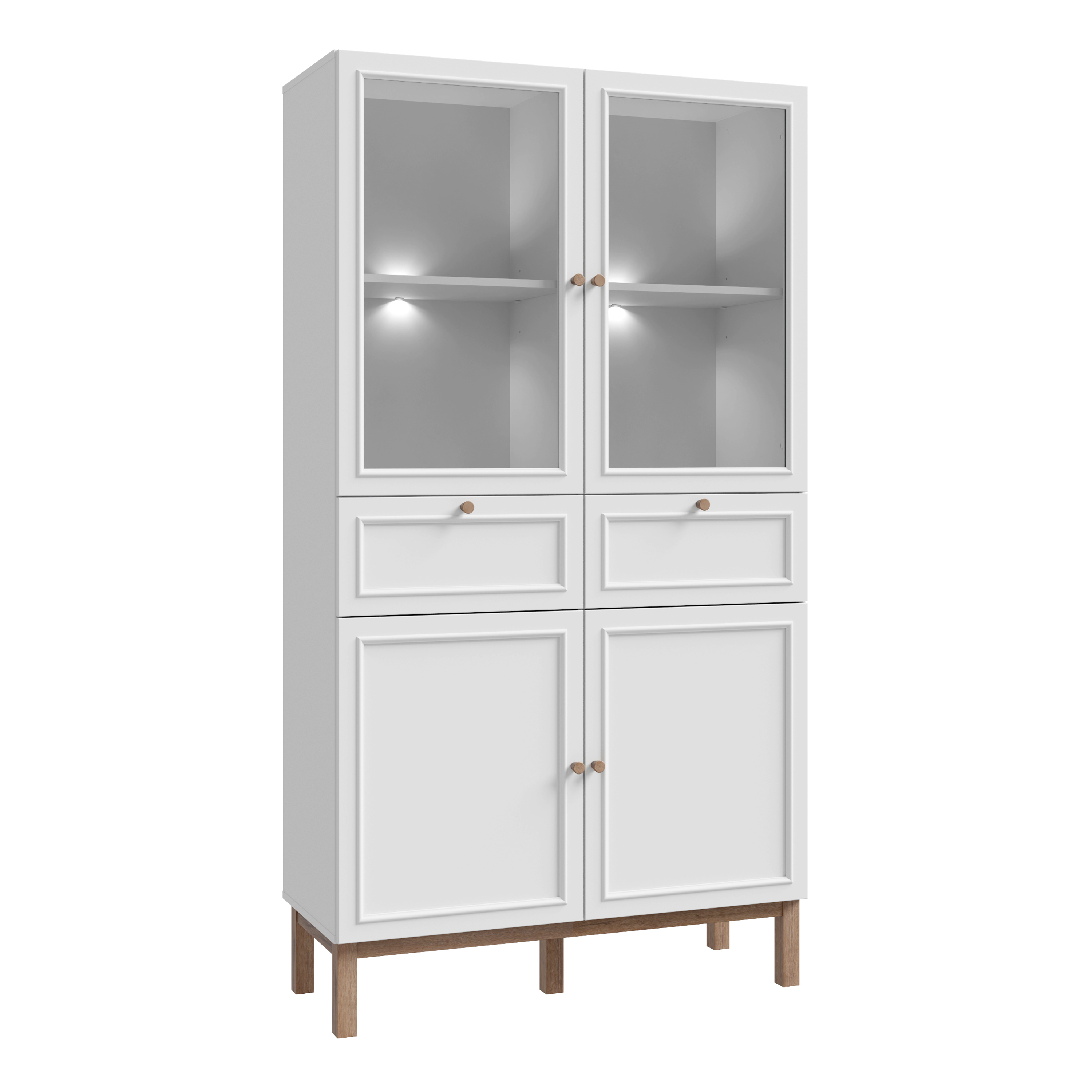 WOFUS Display Cabinet with 2 Doors 2 Drawers and 2 Glass Doors in Light Grey and Oak inc LED Lighting - Rosalind Collection