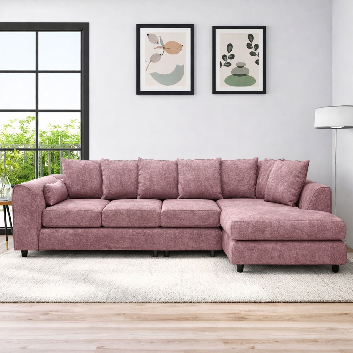 LORVANI Fabric Large 5 Seater L Shaped Scatterback Corner Sofa - Pink, Right Hand Facing - Home Done