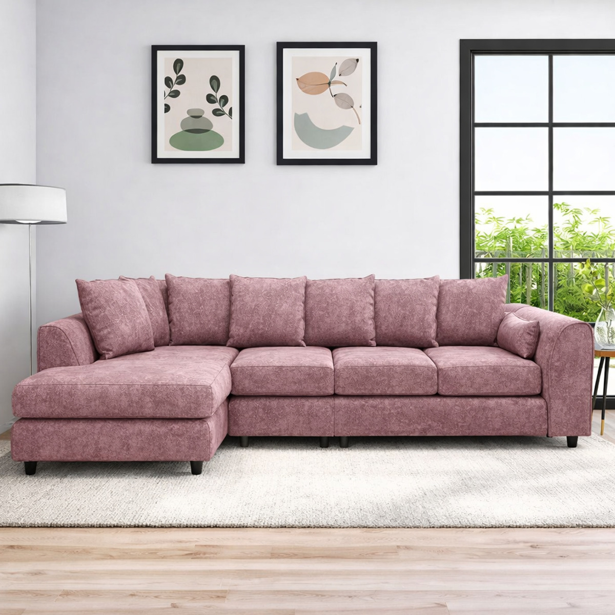 LORVANI Fabric Large 5 Seater L Shaped Scatterback Corner Sofa - Pink, Left Hand Facing - Home Done