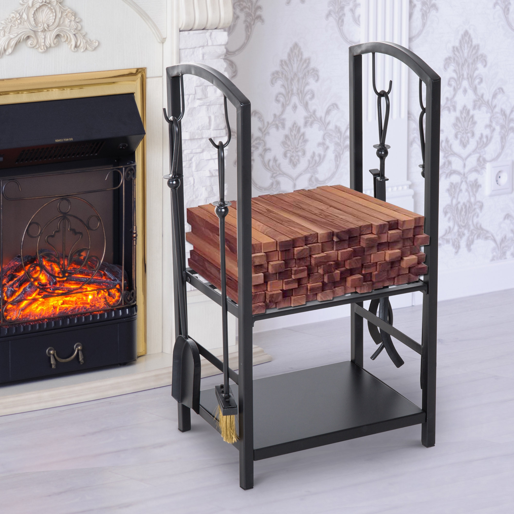 Indoor Outdoor Firewood Log Rack with Hooks and 4 Tools Black - Home Deals