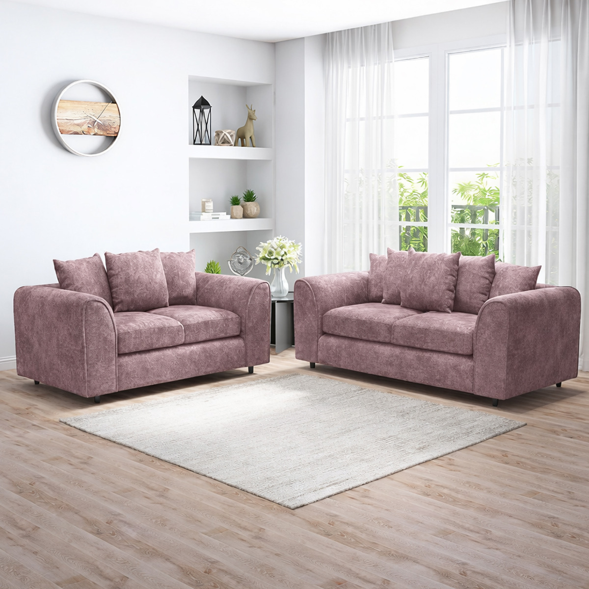 LORVANI Fabric 3 and 2 Seater Scatterback Sofa Set - Pink - Home Done