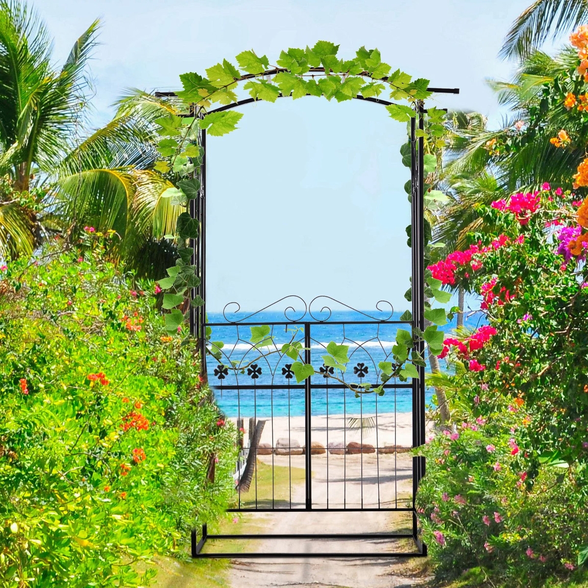 Metal Frame Outdoor Garden Entrance Arch with Gate - Black - The Garden Savant