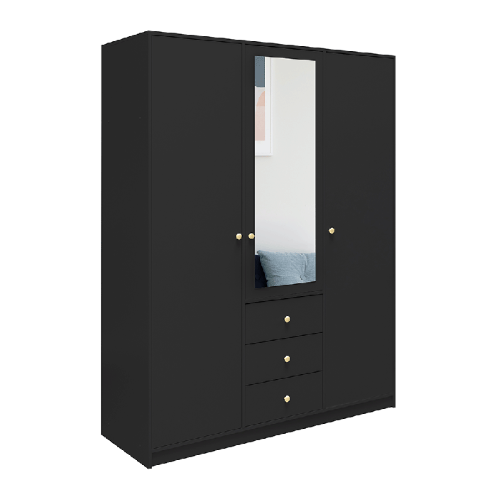 ELVIRO 3 Door Mirrored Wardrobe with 3 Drawers Black - 149cm - Avellino & Wells