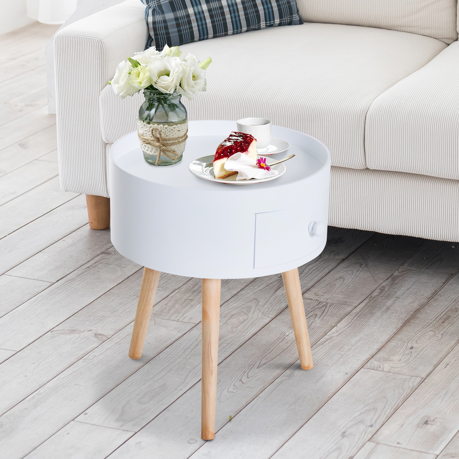 Modern 1-Drawer Round Side Coffee Table - White - Home Deals