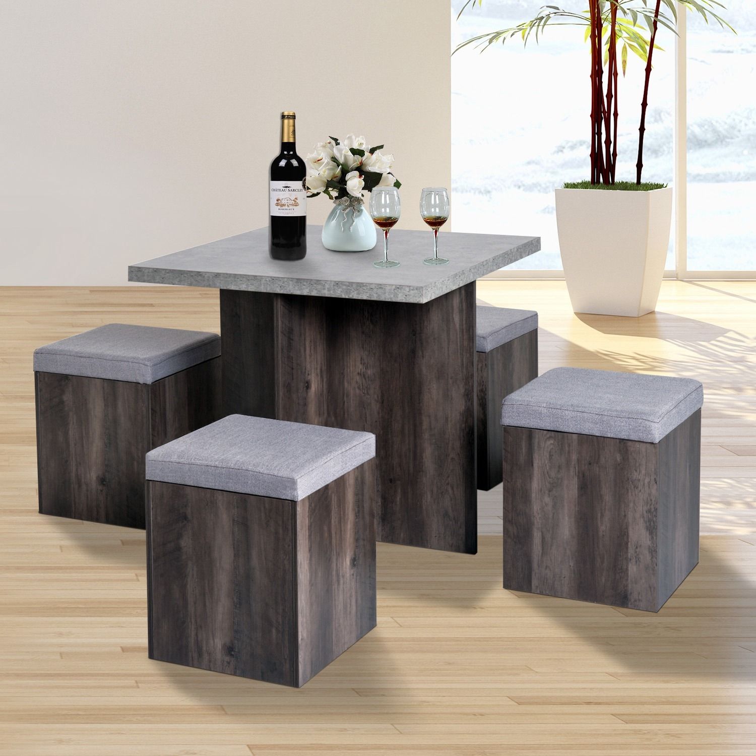 5PC Wooden Dining Table & Ottoman Stool Set - Home Deals