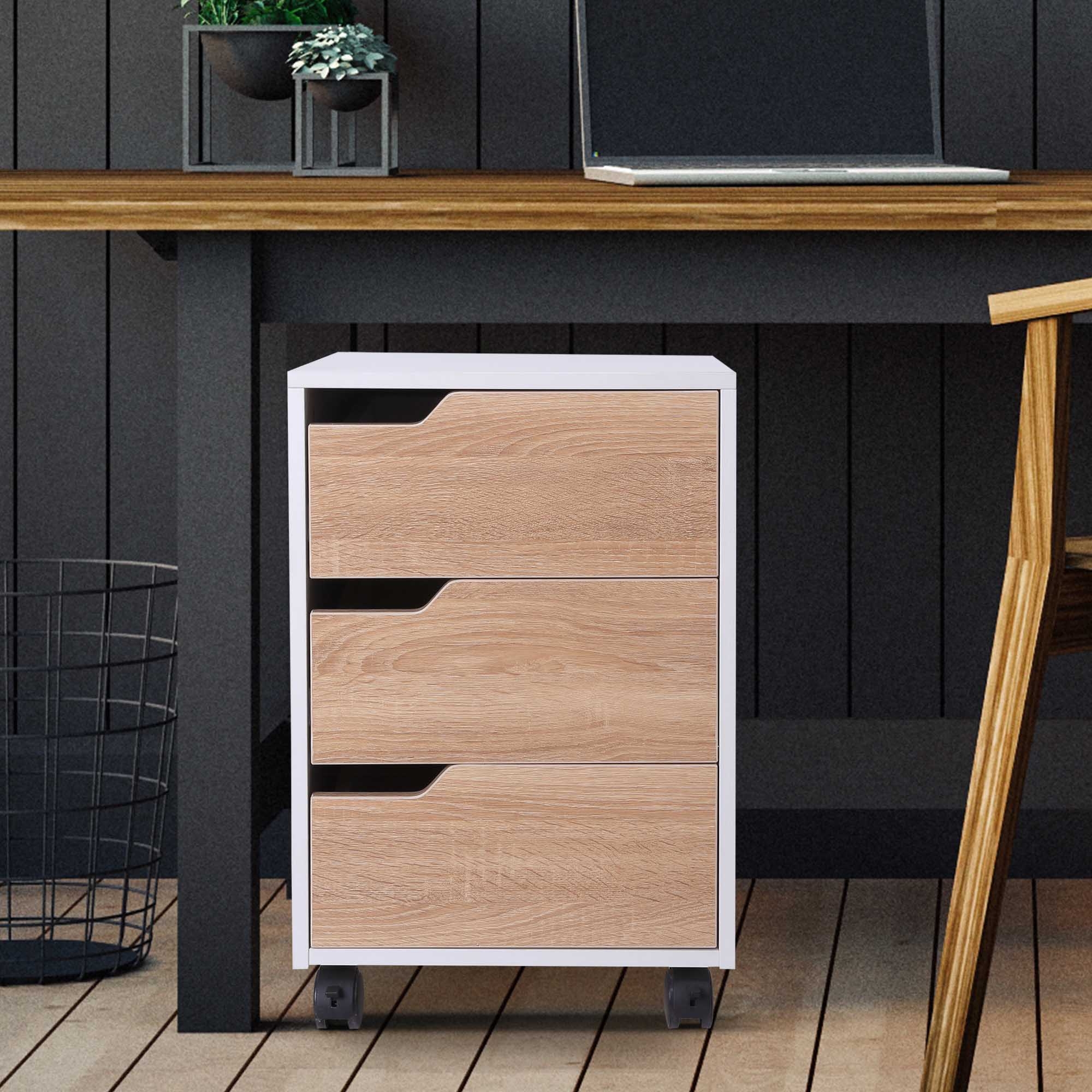 HOMCOM MDF Mobile File Cabinet pedestal with 3 Drawers Lockable Casters Oak and White - Home Deals