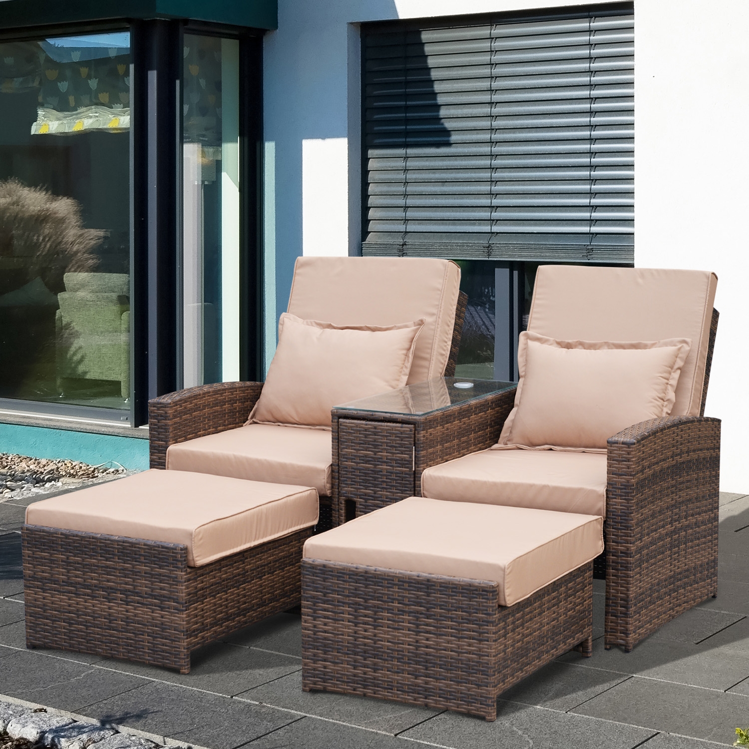 Rattan Reclining Companion Lounge Chair & Stools - Brown - The Garden Savant