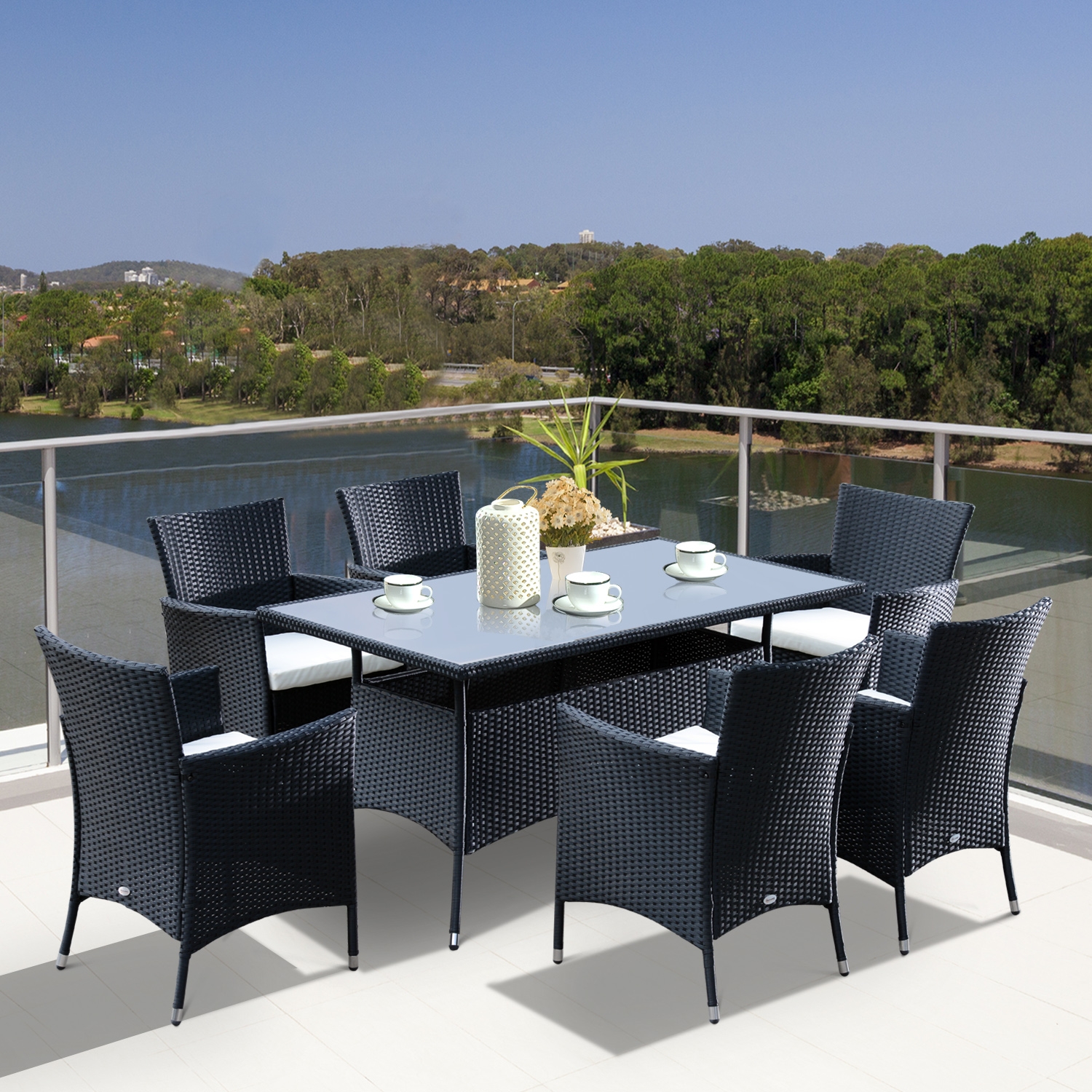 7PC Rattan Garden Dining Set - Black & Cream - The Garden Savant