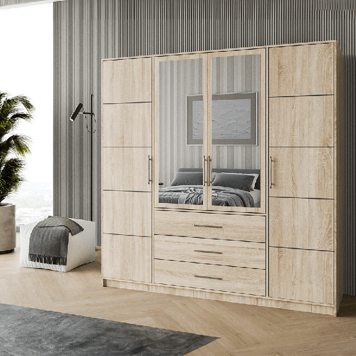 BARNSLEY 4 Door Mirrored Wardrobe with 3 Drawers Oak Sonoma - 196cm - Avellino & Wells