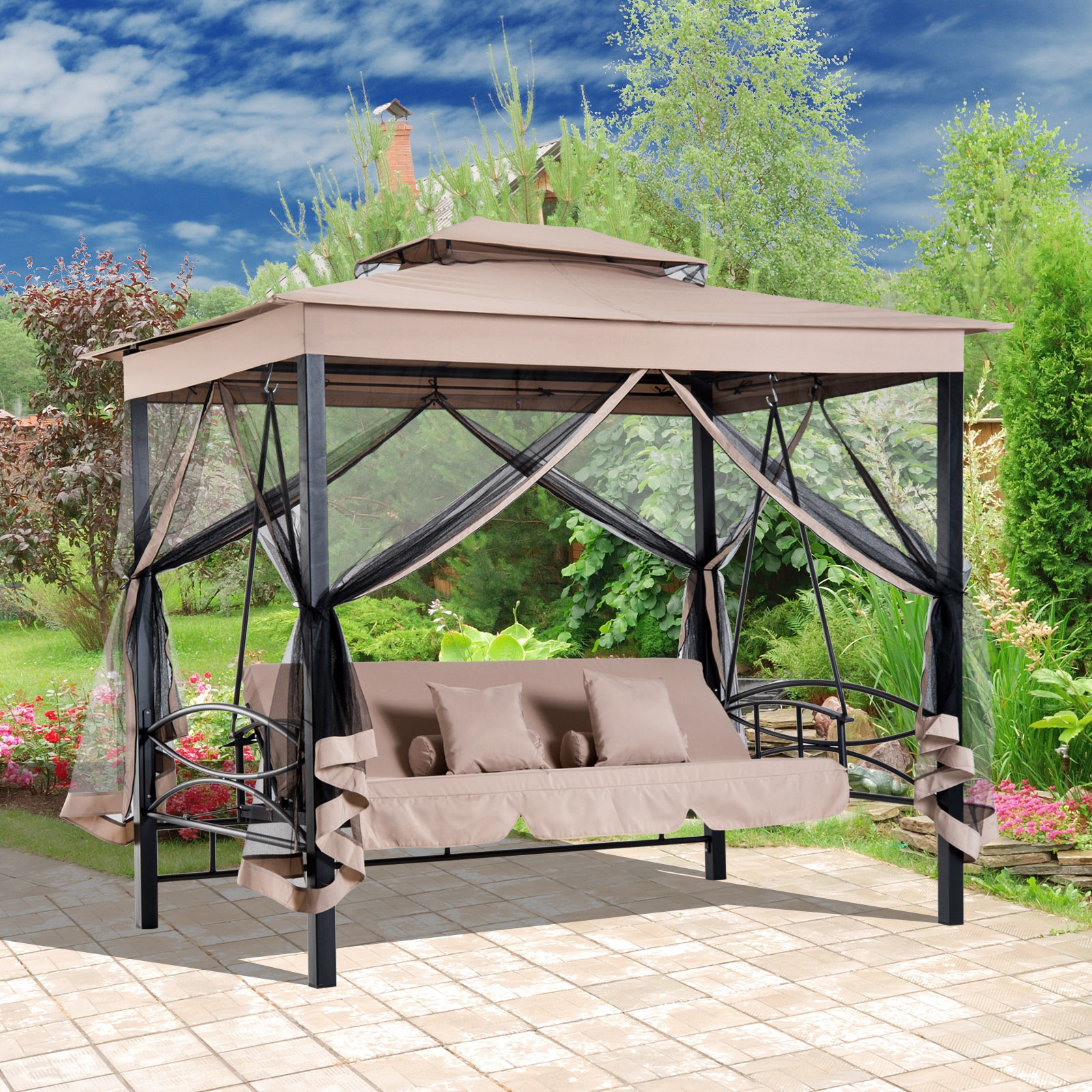 3-Seat Hammock Swing Bench w/ 2 Tier Canopy - Beige - The Garden Savant