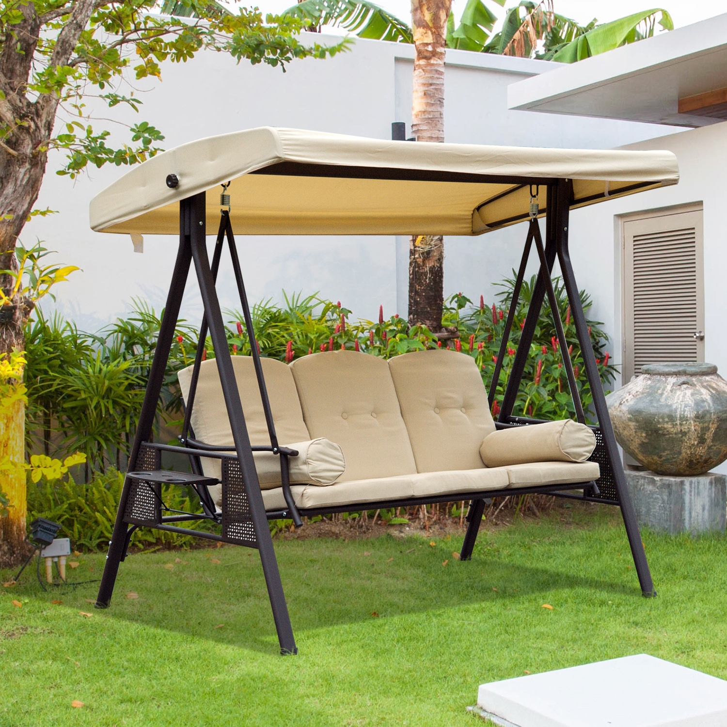3-Seat Steel Hammock Swing Bench - Beige - The Garden Savant
