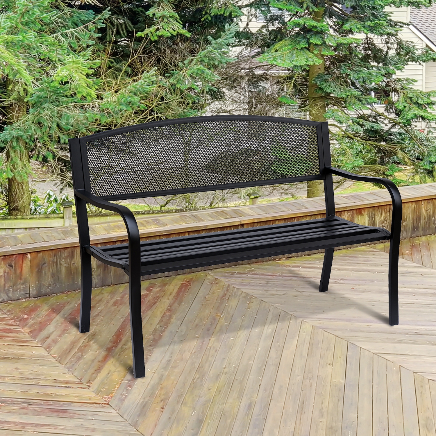 2 Seater Metal Garden Bench in Black - The Garden Savant