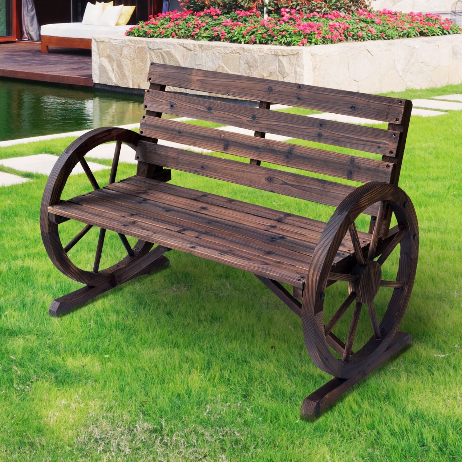 Wooden Cart 2 Seater Garden Bench - The Garden Savant