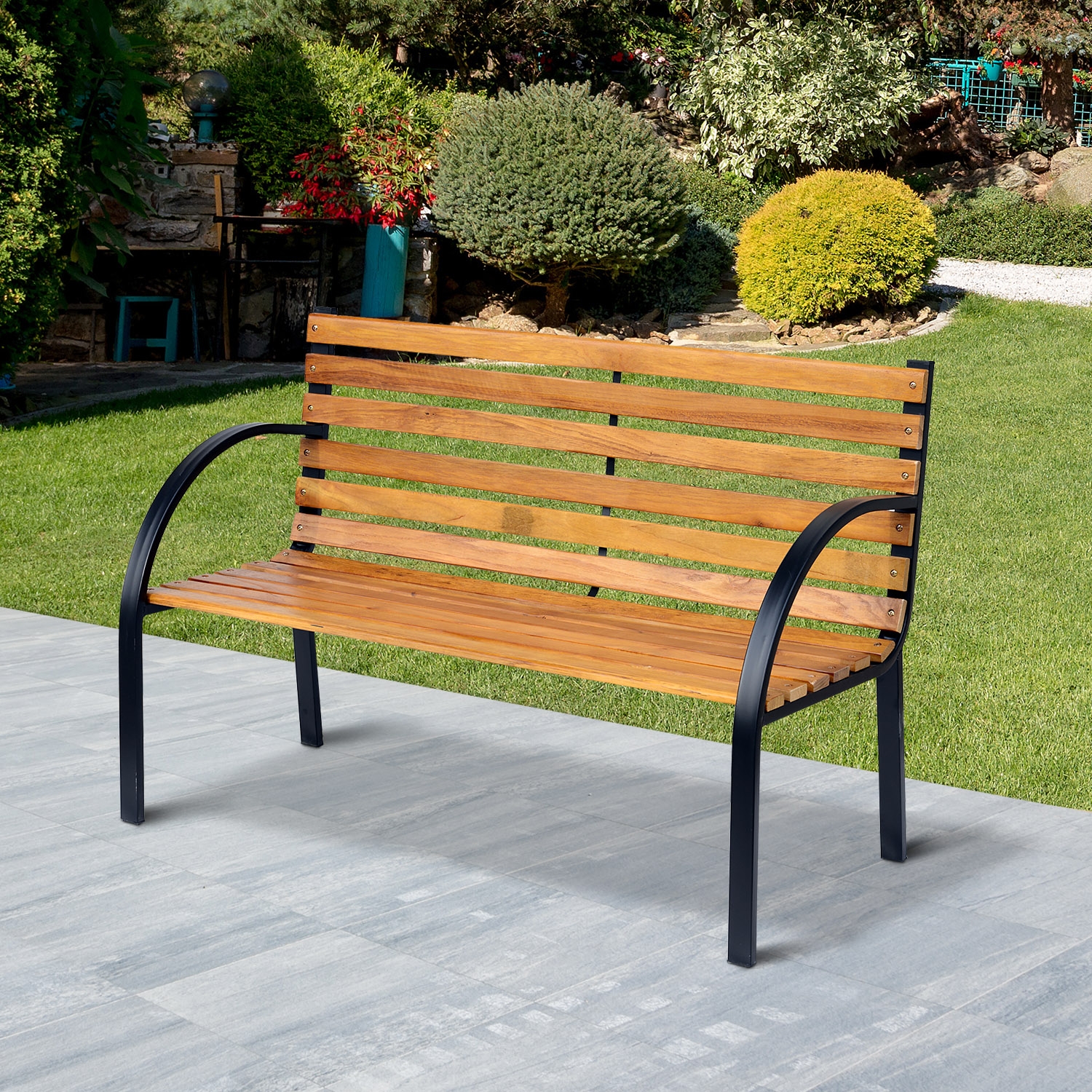 Wooden Garden Bench w/ Sturdy Metal Frame - The Garden Savant