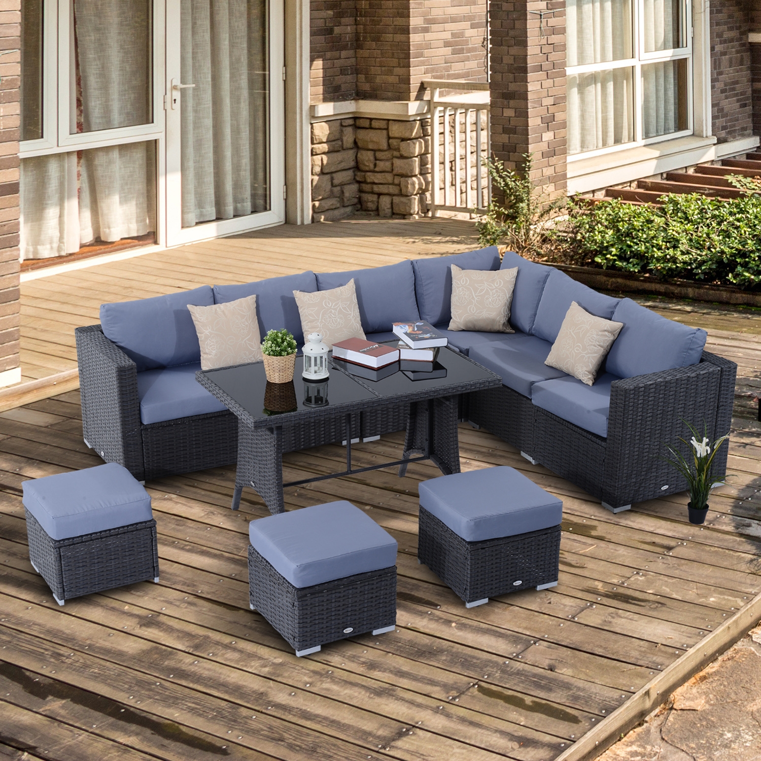 10PC Rattan Corner Dining Sofa Set - Black & Grey - The Garden Savant