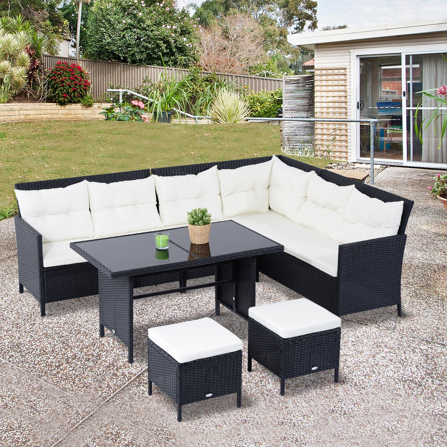 Modern 6PC Rattan Corner Dining Sofa Set - Black - The Garden Savant