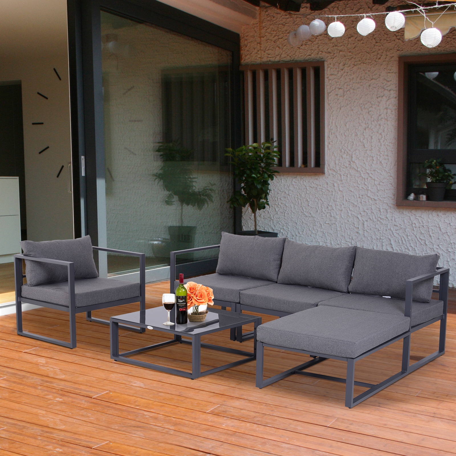 6PC Sectional Aluminum Garden Sofa Set - Grey - The Garden Savant
