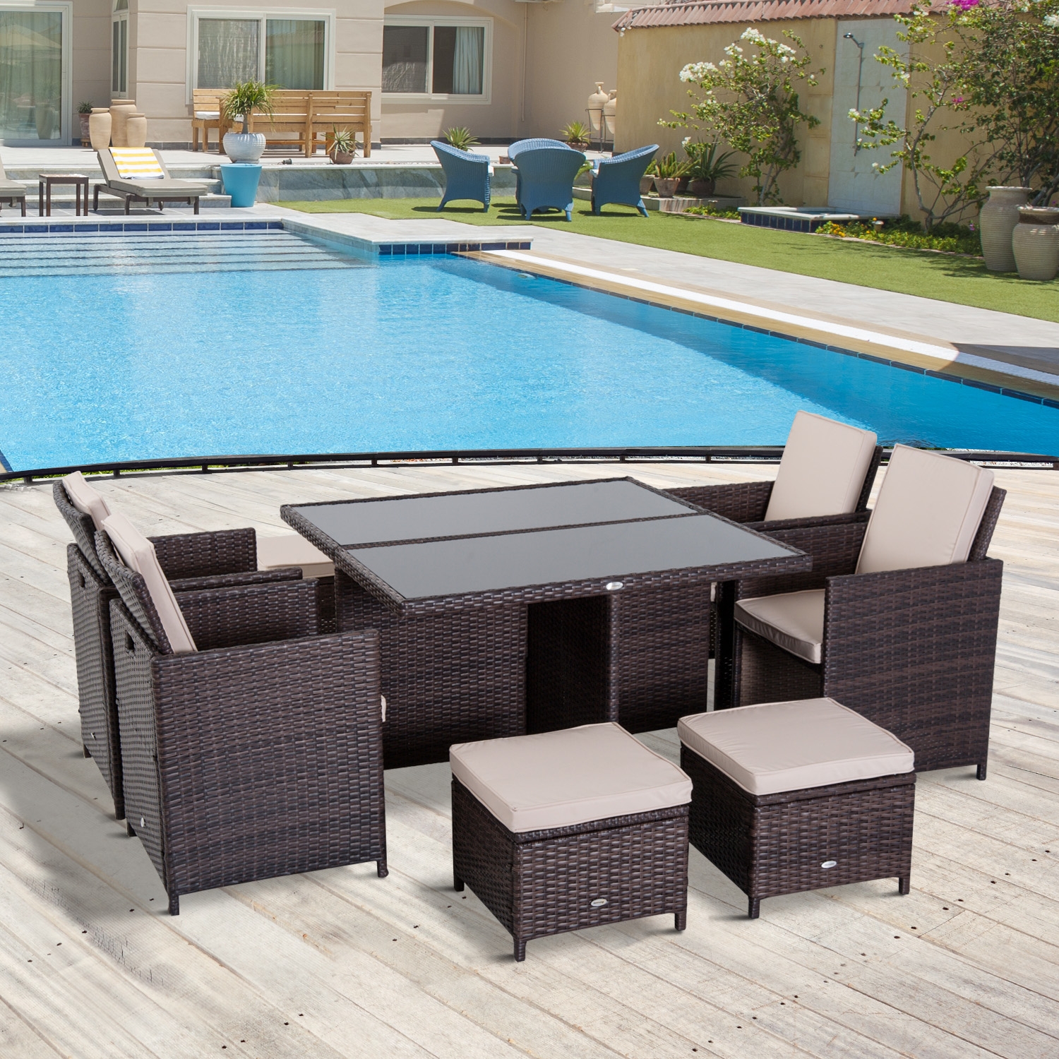 9PC Brown Rattan Dining Set - The Garden Savant