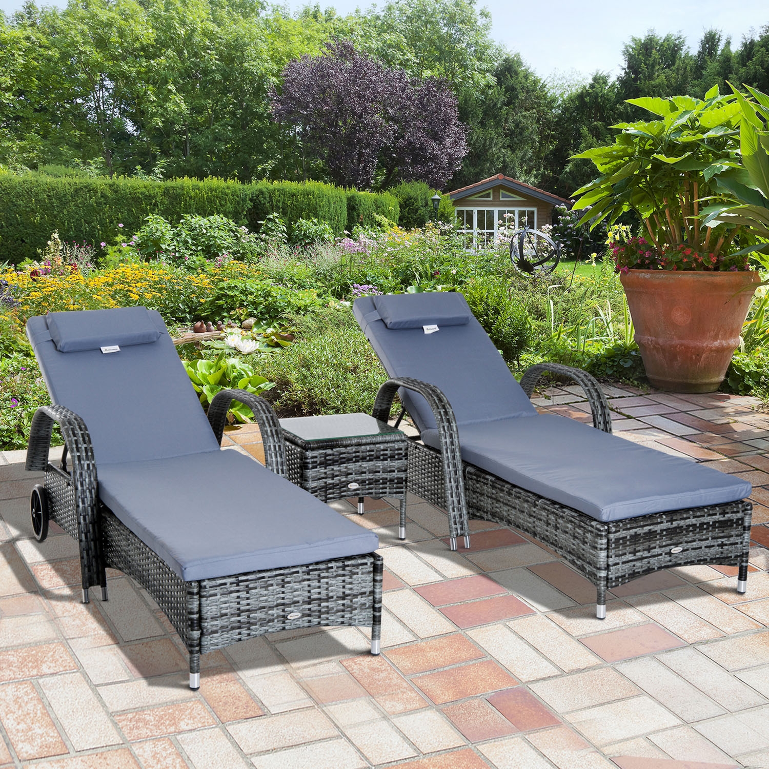 2 Seater Rattan Sun Lounger Set with Side Table - Grey - The Garden Savant