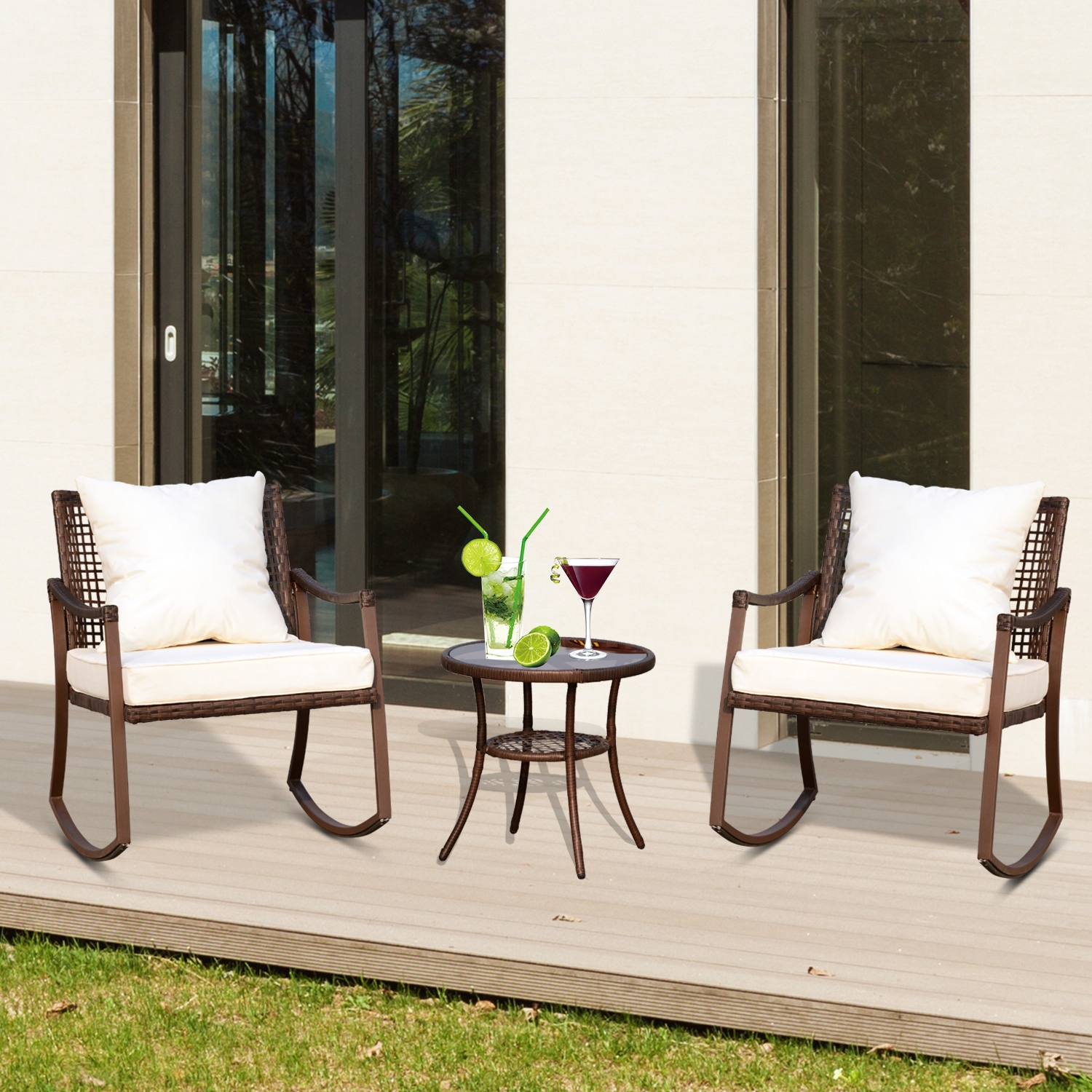 3PC Rocking Rattan Bistro Dining Set - Brown - The Garden Savant