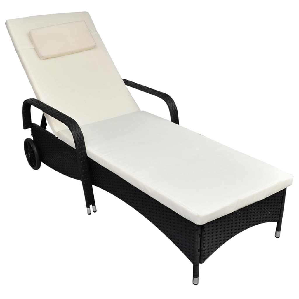 Sun Lounger with Wheels Poly Rattan Black - Unbeatable Bargains