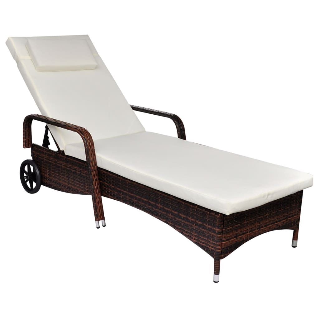 Sun Lounger with Wheels Poly Rattan Brown - Decor Base