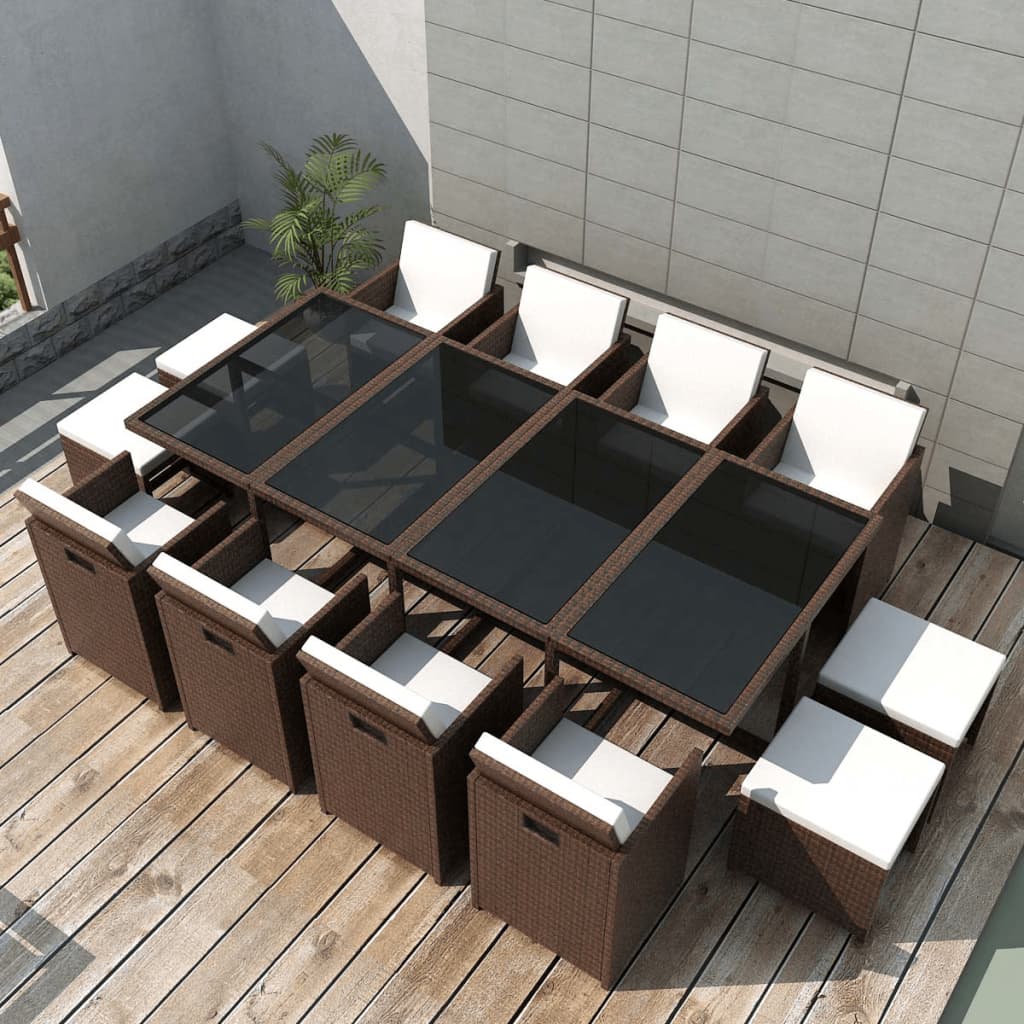 13 Piece Outdoor Dining Set with Cushions Poly Rattan Brown - Merlin Deals
