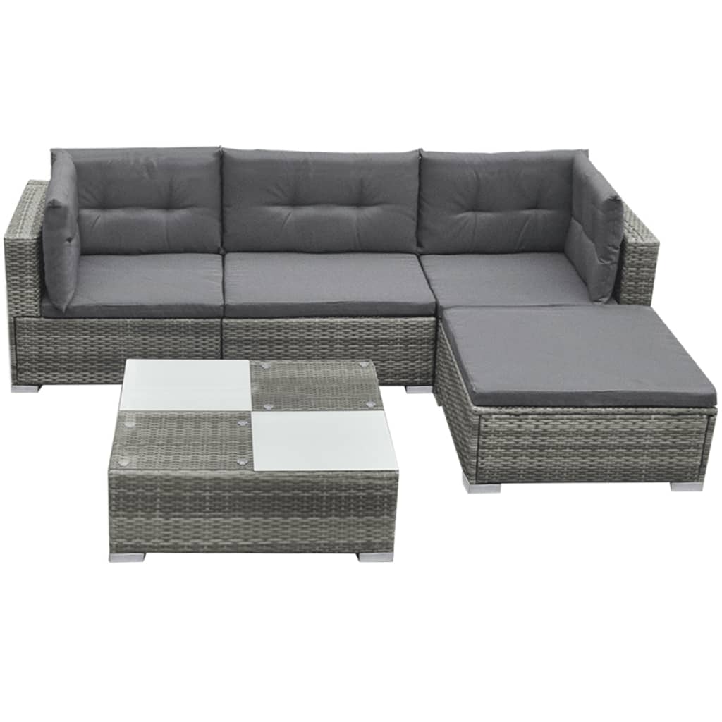 5 Piece Garden Lounge Set with Cushions Poly Rattan Grey - Direct Imports