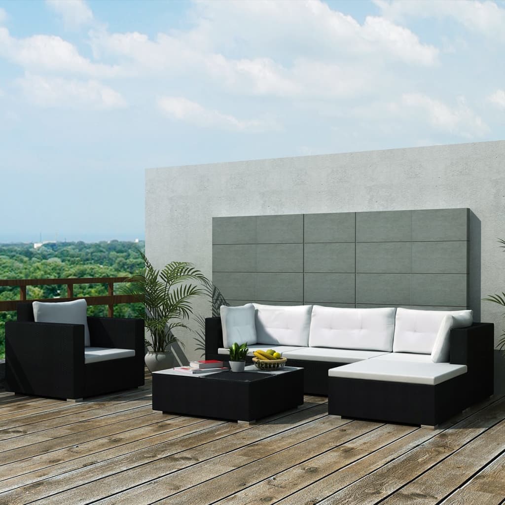 6 Piece Garden Lounge Set with Cushions Poly Rattan Black - All Things Good