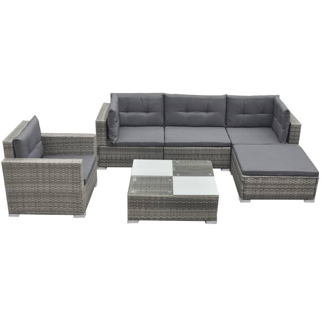6 Piece Garden Lounge Set with Cushions Poly Rattan Grey - Sid & Sam