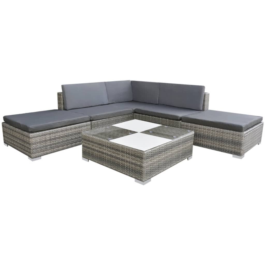 6 Piece Garden Lounge Set with Cushions Poly Rattan Grey - Tyrell & Tyrell