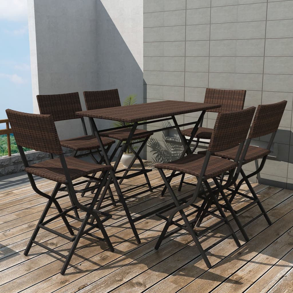 7 Piece Folding Outdoor Dining Set Steel Poly Rattan Brown - Sid & Sam