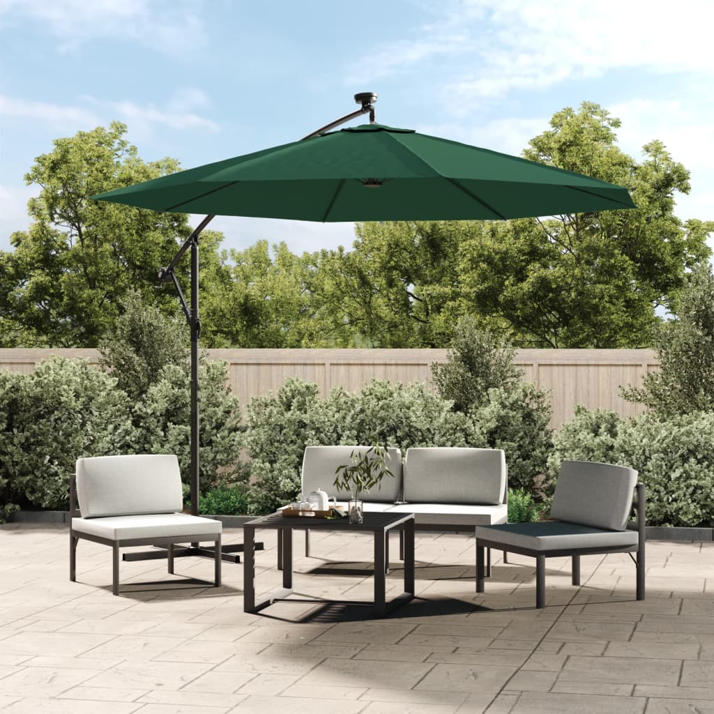 Hanging Parasol with LED Lighting 300 cm Green Metal Pole - Discount Dealers