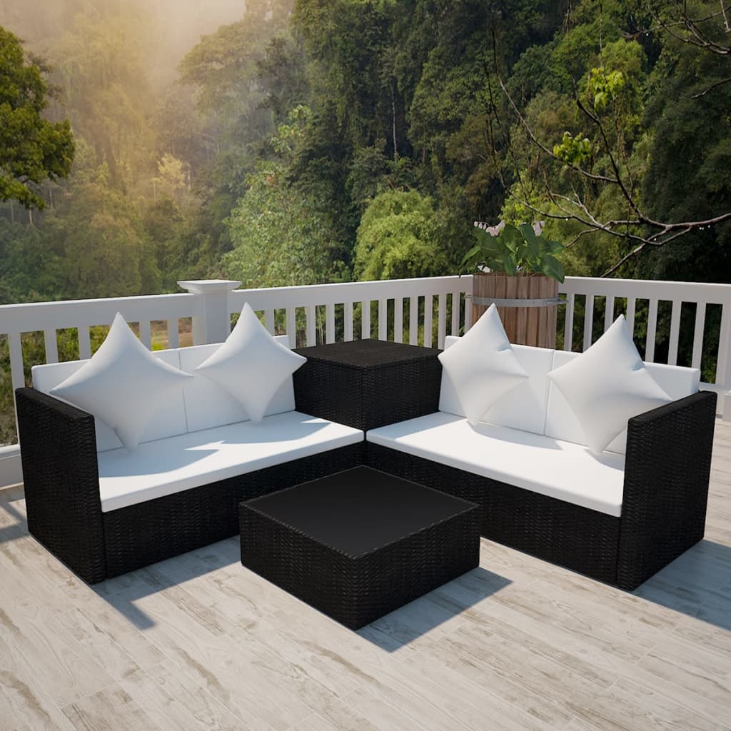 4 Piece Garden Lounge Set with Cushions Poly Rattan Black - All Things Good