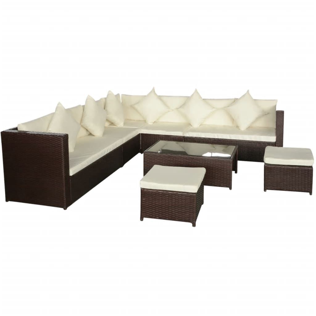 8 Piece Garden Lounge Set with Cushions Poly Rattan Brown - Tyrell & Tyrell