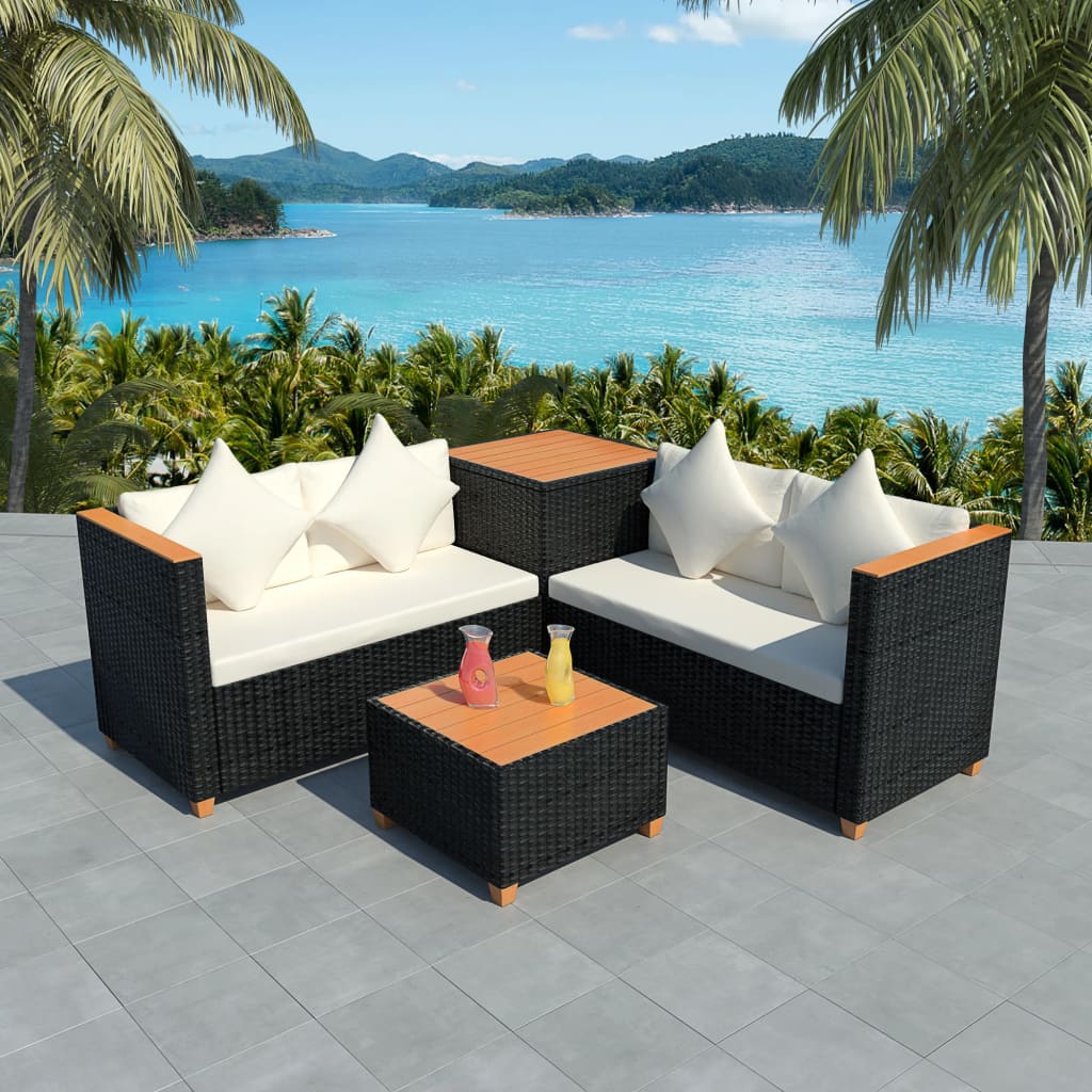 4 Piece Garden Lounge Set with Cushions Poly Rattan Black - Tyrell & Tyrell