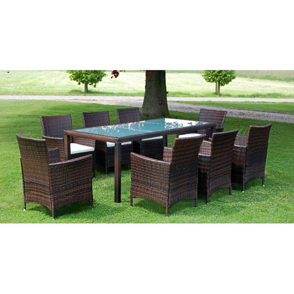 9 Piece Outdoor Dining Set with Cushions Poly Rattan Brown - Direct Imports