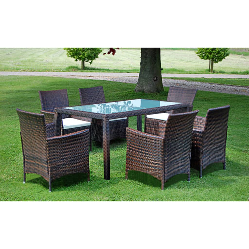 7 Piece Outdoor Dining Set with Cushions Poly Rattan Brown - Direct Imports