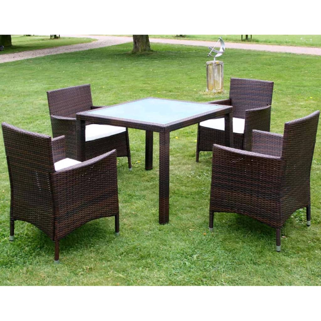 5 Piece Outdoor Dining Set with Cushions Poly Rattan Brown - Merkel Designers