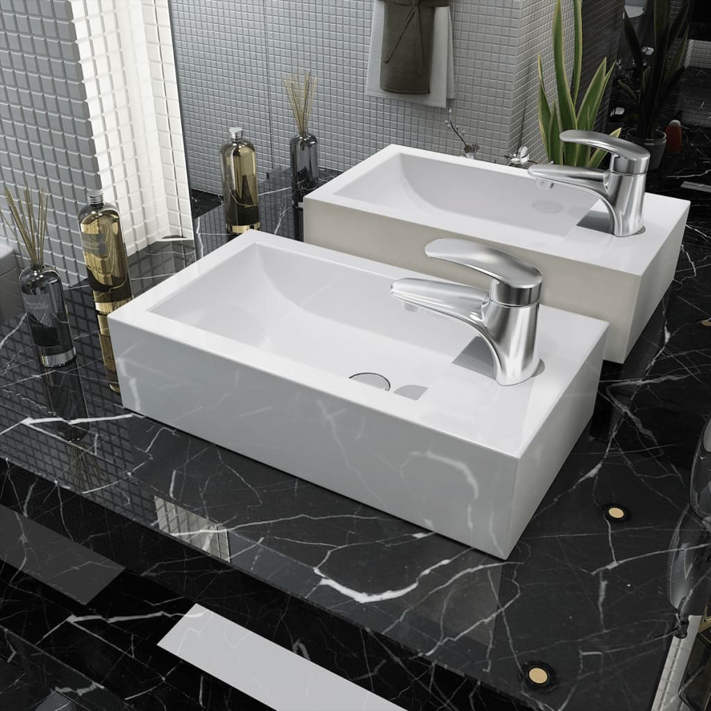 Basin with Faucet Hole Rectangular Ceramic White 46x25.5x12 cm - Design Hut
