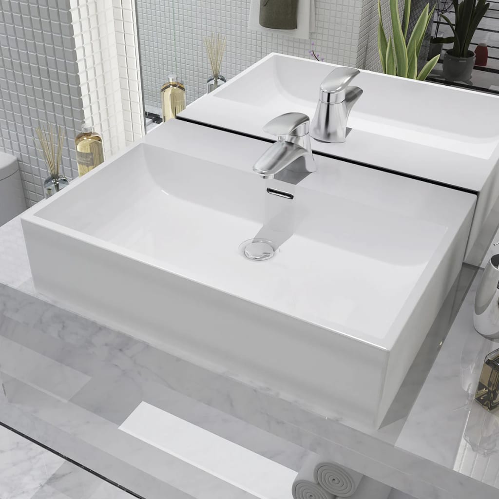 Basin with Faucet Hole Ceramic White 60.5x42.5x14.5 cm - Sid & Sam