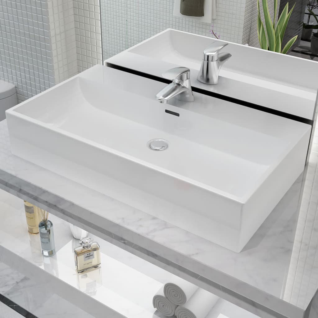 Basin with Faucet Hole Ceramic White 76x42.5x14.5 cm - Discount Dealers