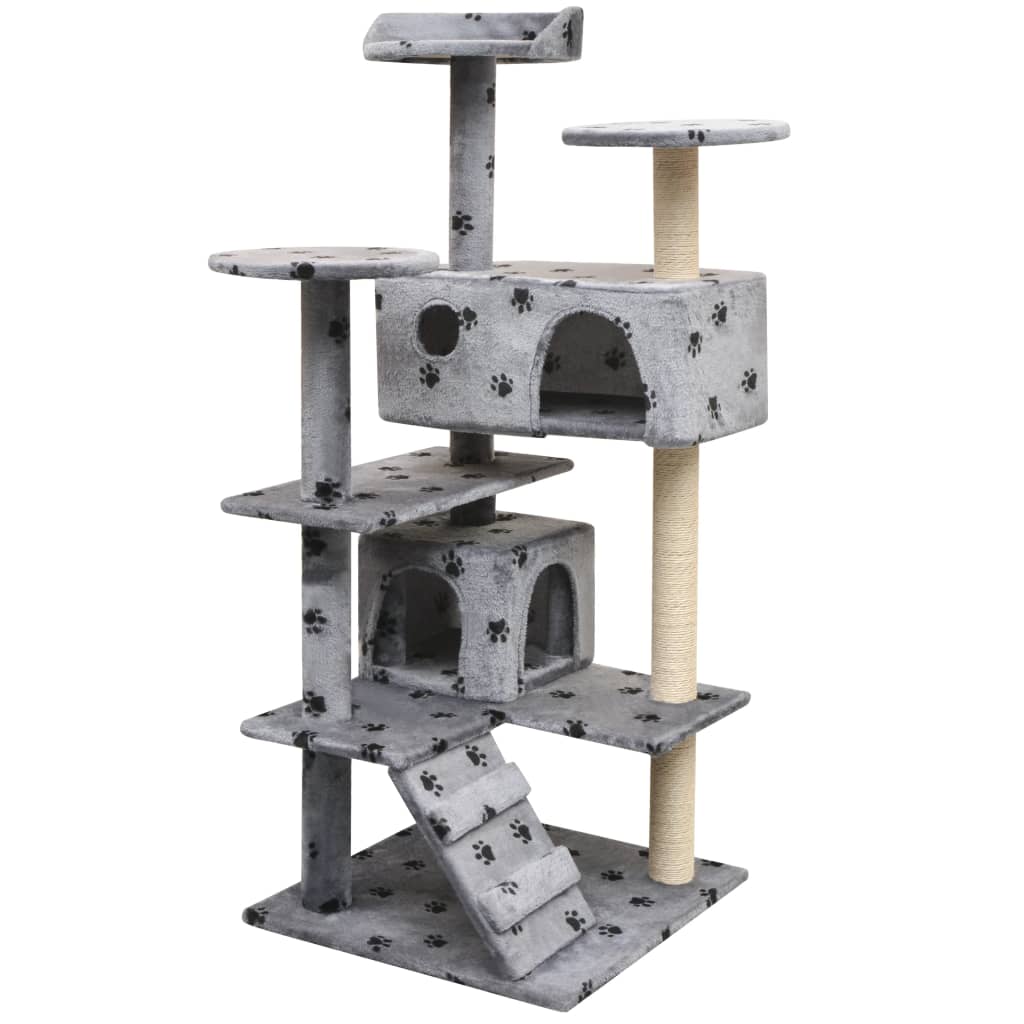 Cat Tree with Sisal Scratching Posts 125 cm Paw Prints Grey - R and M Furniture