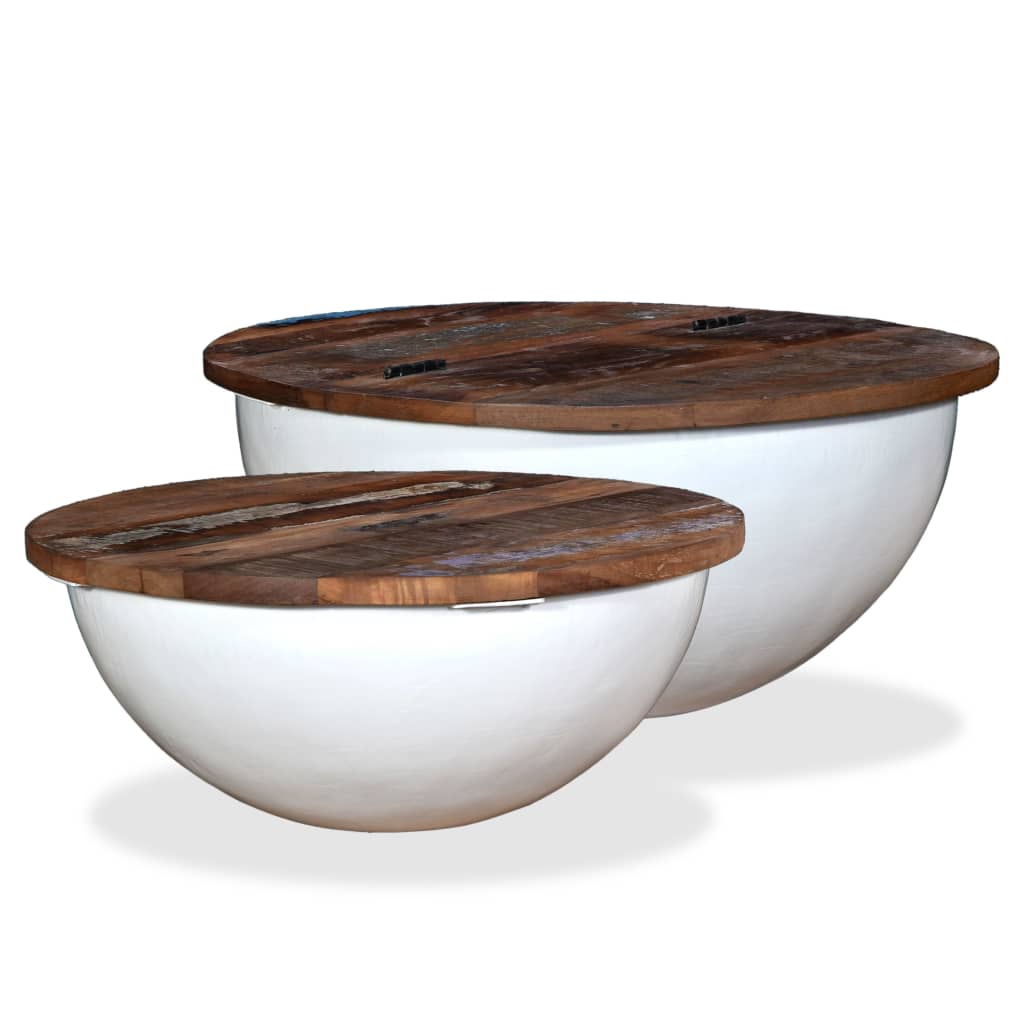 Coffee Table Set 2 Pieces Solid Reclaimed Wood White Bowl Shape - Direct Imports